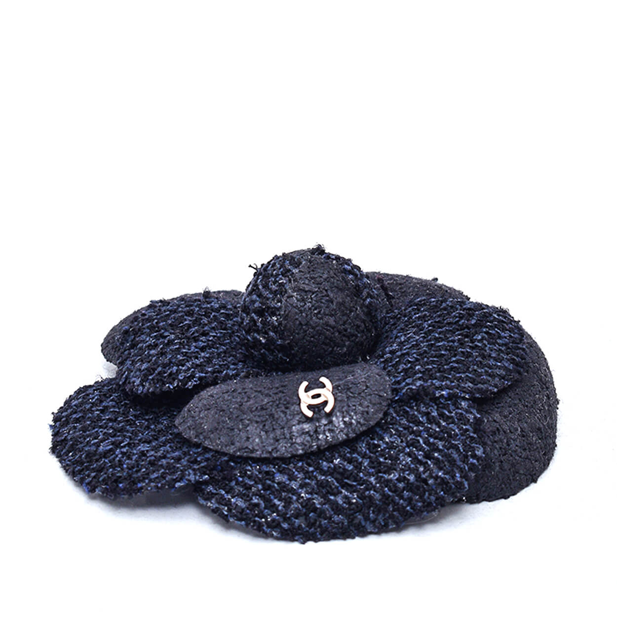 Chanel - Navy Tweed CC Camellia Brooch